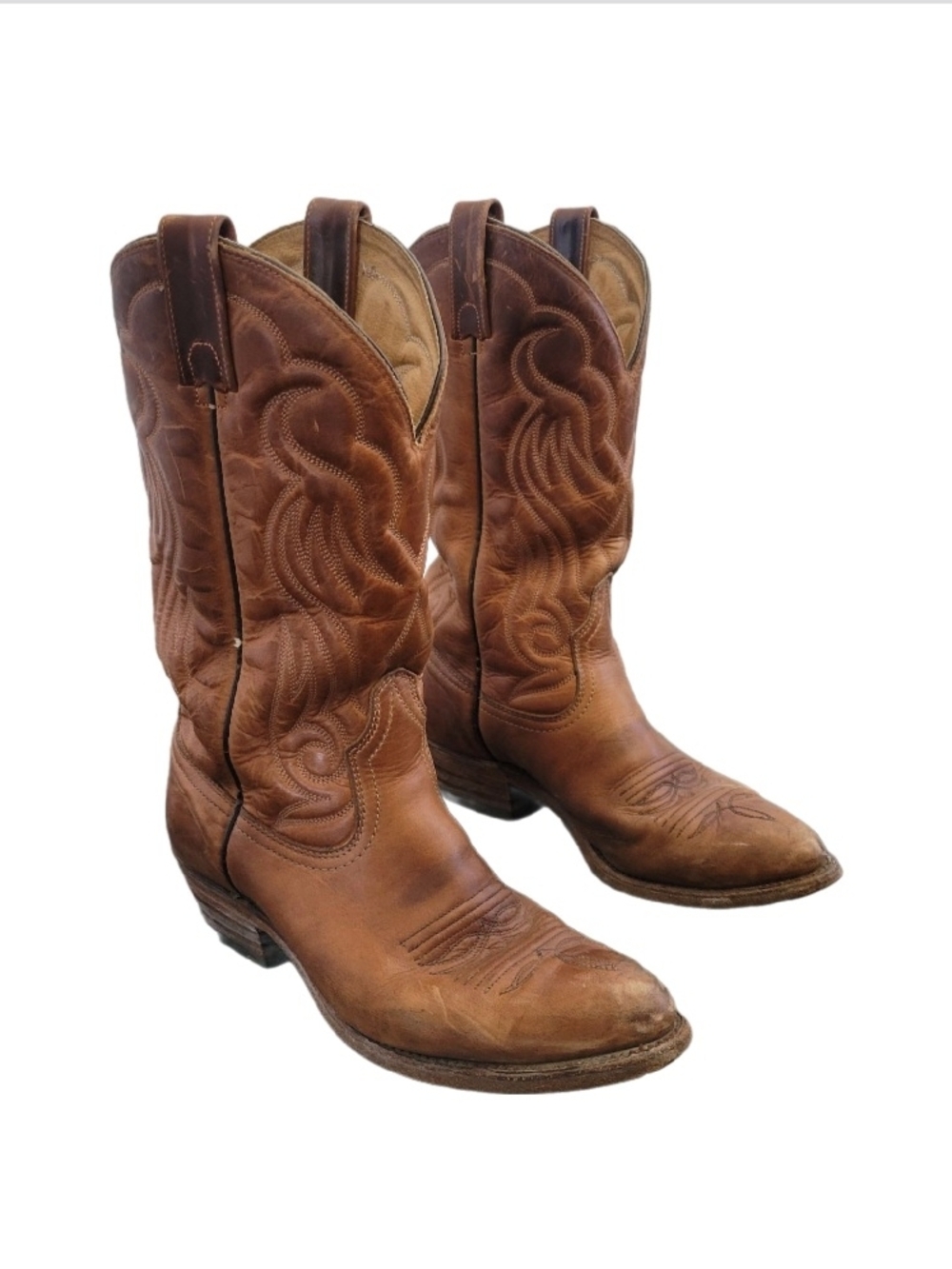 VTG Leather Cowboy Boots Western Embroidered Mens US 8-9 Brown Mid Calf